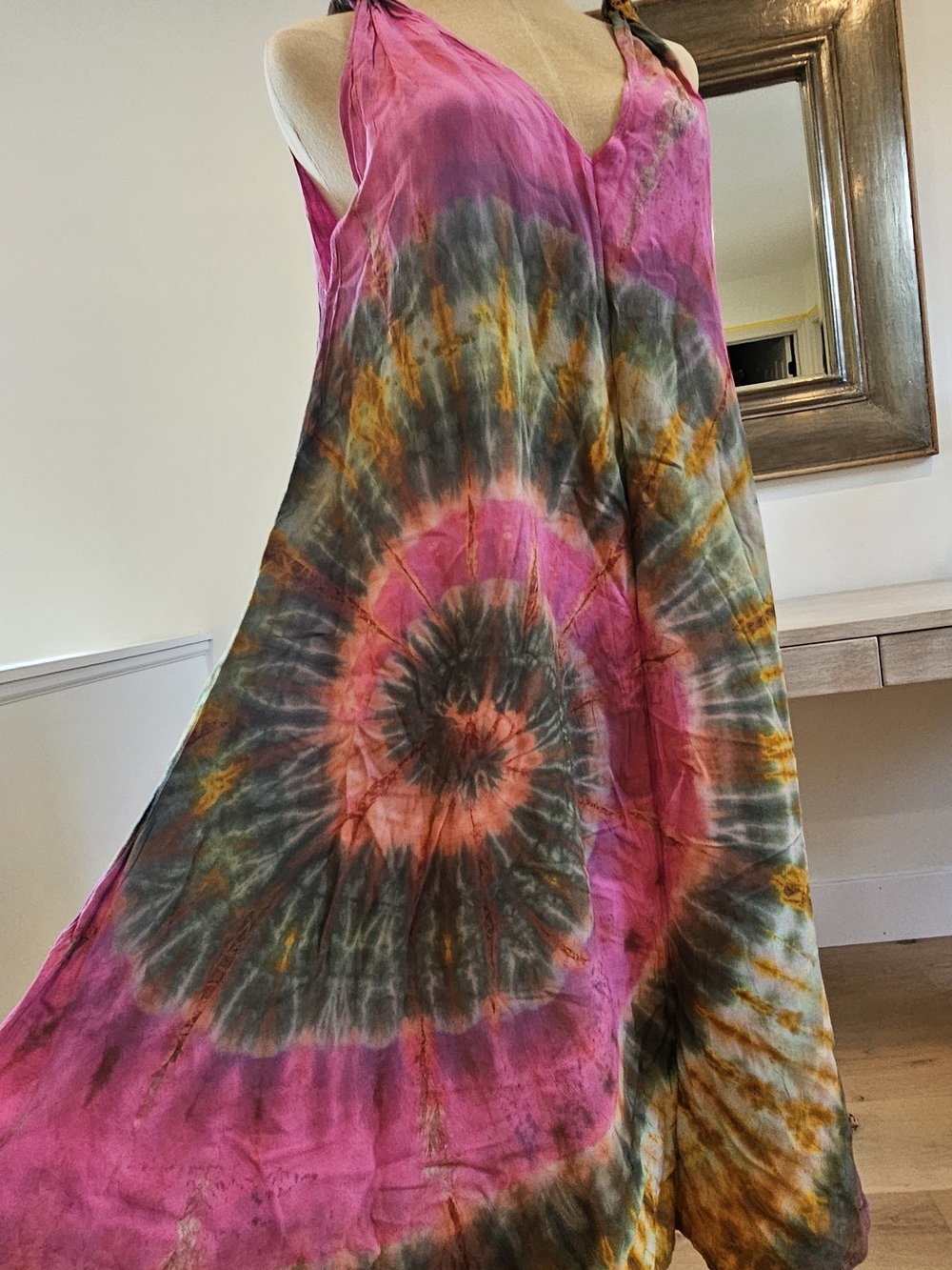 Vibrant Tie-Dye Maxi Dress in Pink & Olive Size OS